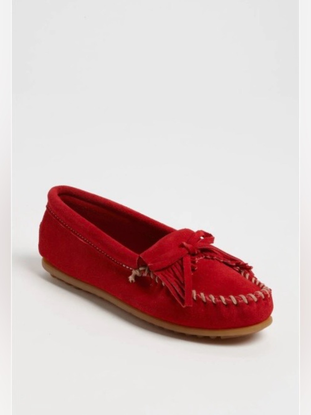 Minnetonka Red Suede Moccasin with Fringe Bow Size 5